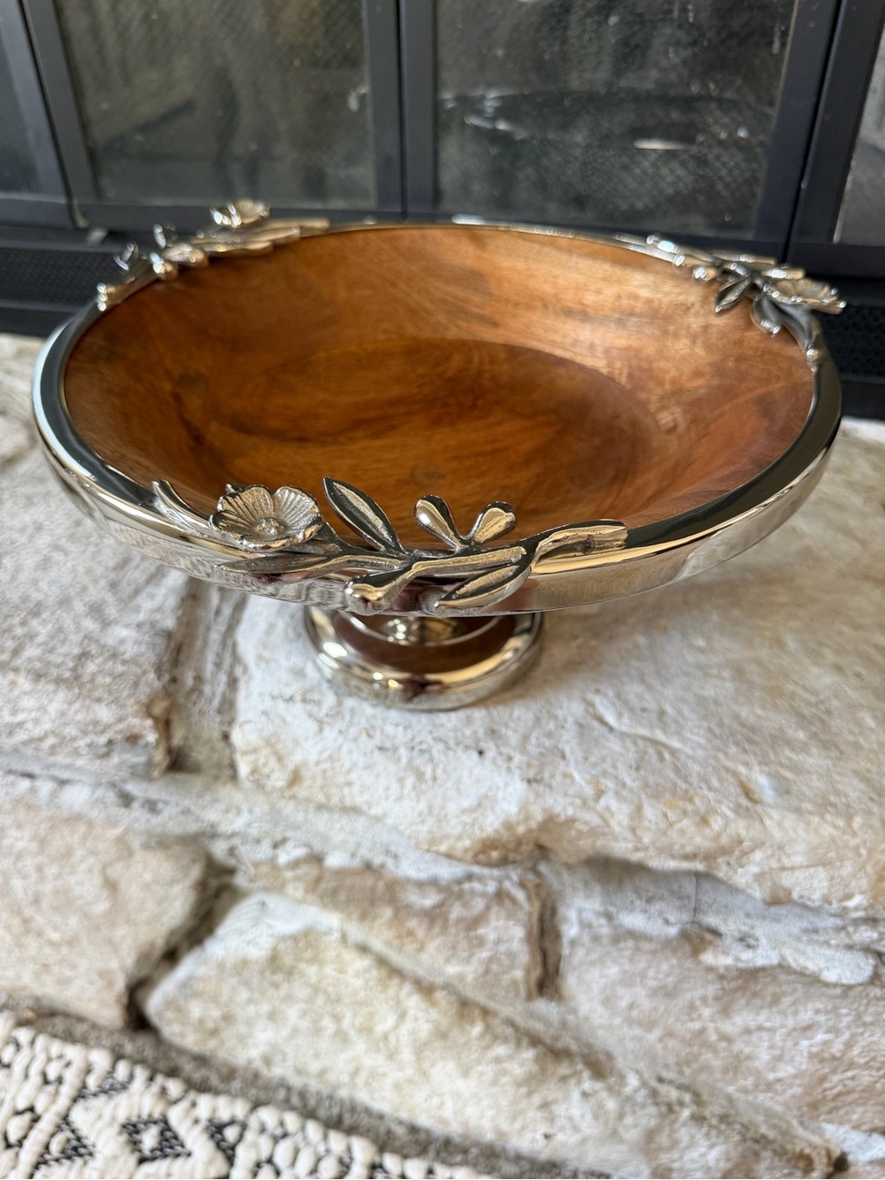 Decorative Wood and Silver Pedestal Bowl - Brown/Wood
